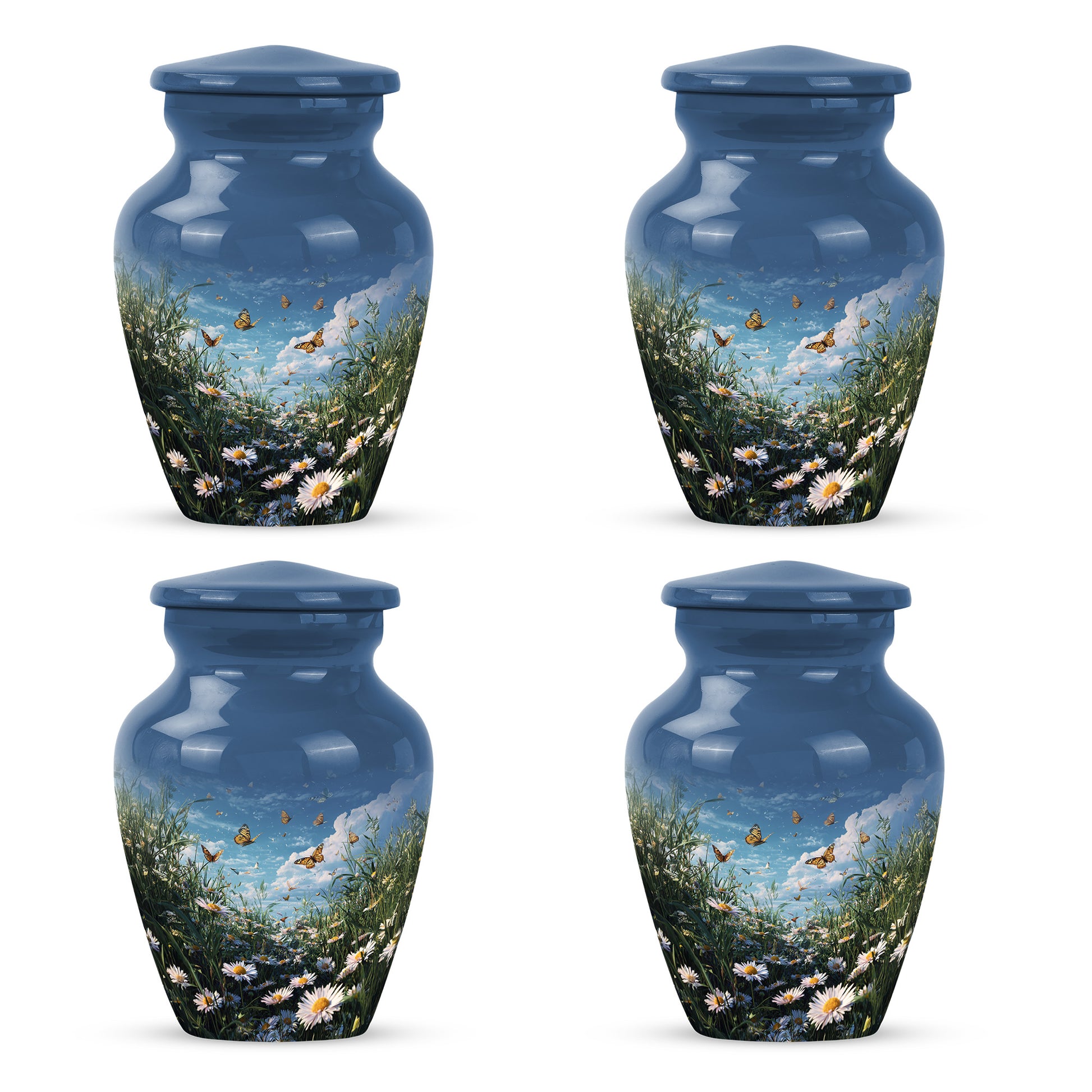 Serene Blue Daisy Cremation Urn side profile showing urn shape - traditional daisy engraving with hand-polished finish - 10 inch aluminum urn for cremated remains