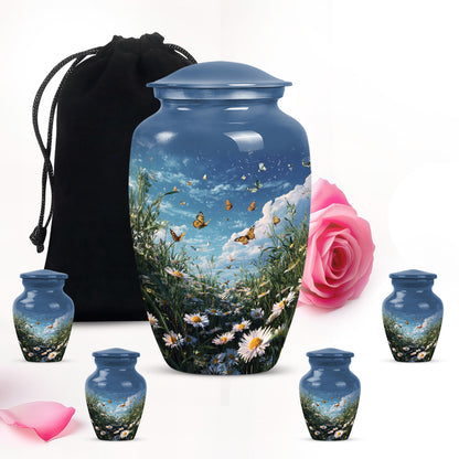 Soft Blue Daisy Cremation Urn top-down view of secure threaded lid - traditional daisy engraving with hand-polished finish - memorial set with one large and four small urns