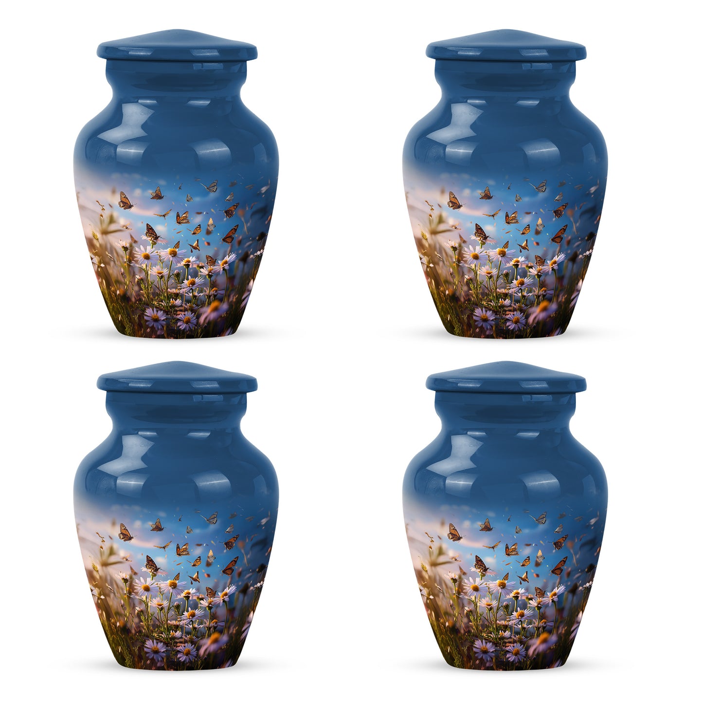 Bright Blue Daisy Cremation Urn side profile showing urn shape - elegant classic daisy relief with fine detailing - 10 inch aluminum urn for cremated remains