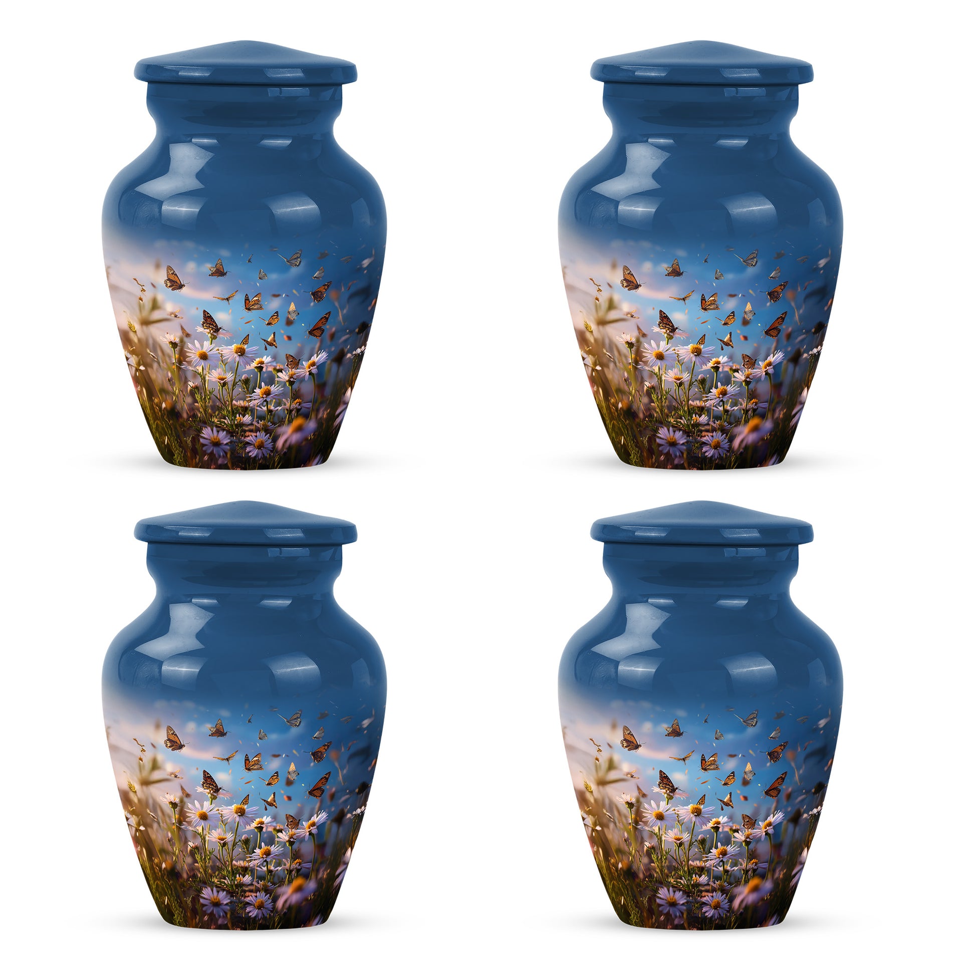 Bright Blue Daisy Cremation Urn side profile showing urn shape - elegant classic daisy relief with fine detailing - 10 inch aluminum urn for cremated remains