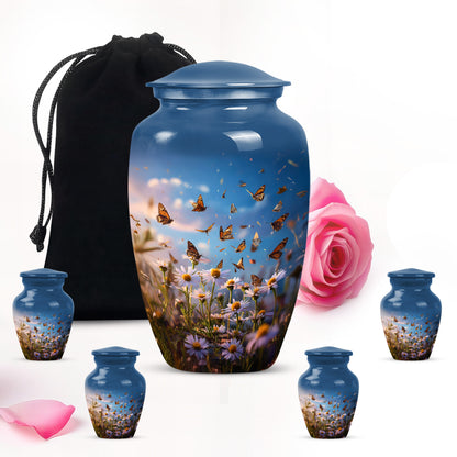 Celestial Blue Daisy Cremation Urn top-down view of secure threaded lid - timeless daisy motif etched into premium metal - memorial set with one large and four small urns