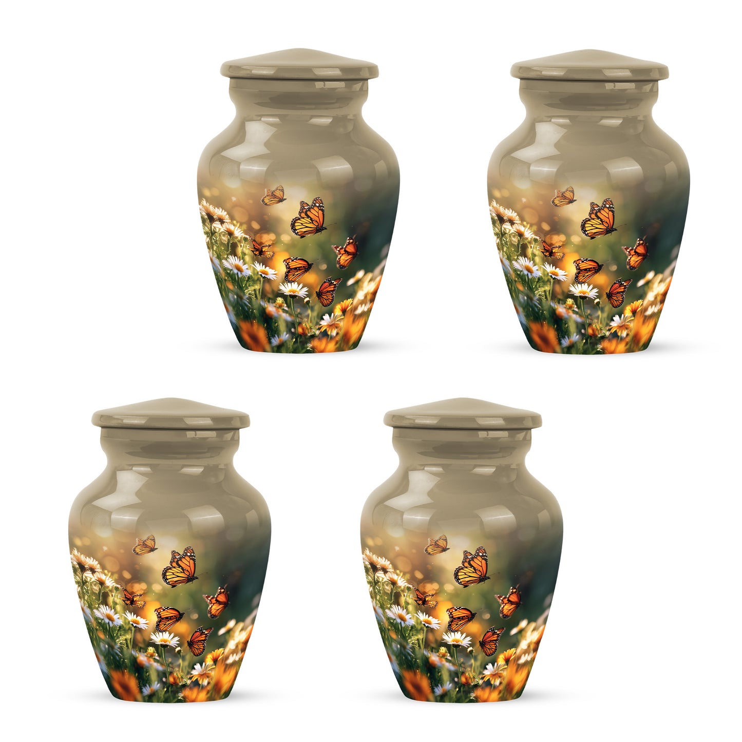 Burnished Gold Daisy Cremation Urn side profile showing urn shape - traditional daisy engraving with hand-polished finish - 10 inch aluminum urn for cremated remains