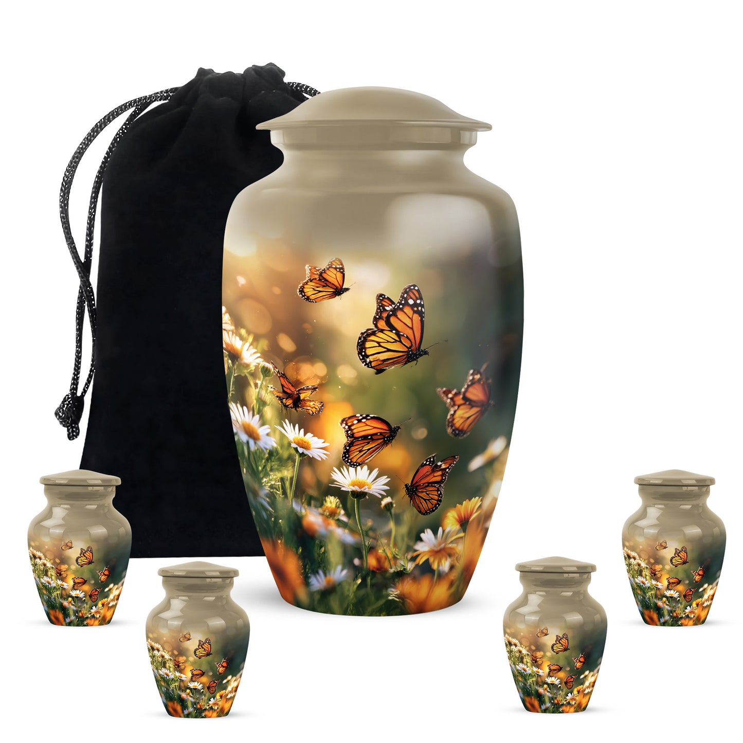 Amber Gold Daisy Cremation Urn top-down view of secure threaded lid - timeless daisy motif etched into premium metal - memorial set with one large and four small urns