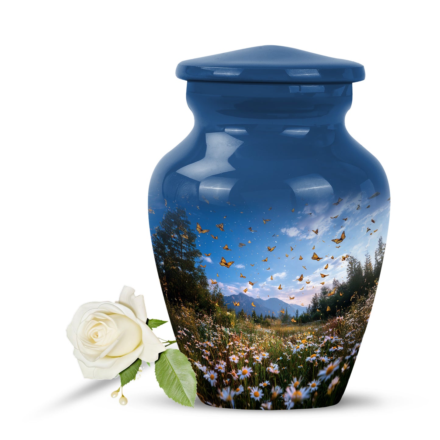 Personalized Blue Cherished Daisy Cremation Urns for Human Ashes - 10-inch, 200 cu in - Yatskia
