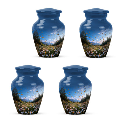 Bright Blue Daisy Cremation Urn side profile showing urn shape - traditional daisy engraving with hand-polished finish - 10 inch aluminum urn for cremated remains