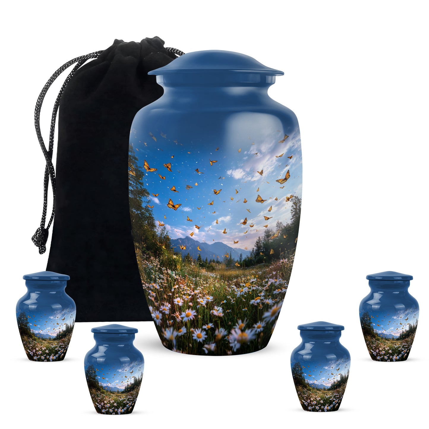 Misty Blue Daisy Cremation Urn top-down view of secure threaded lid - timeless daisy motif etched into premium metal - memorial set with one large and four small urns