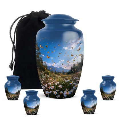 Misty Blue Daisy Cremation Urn top-down view of secure threaded lid - timeless daisy motif etched into premium metal - memorial set with one large and four small urns