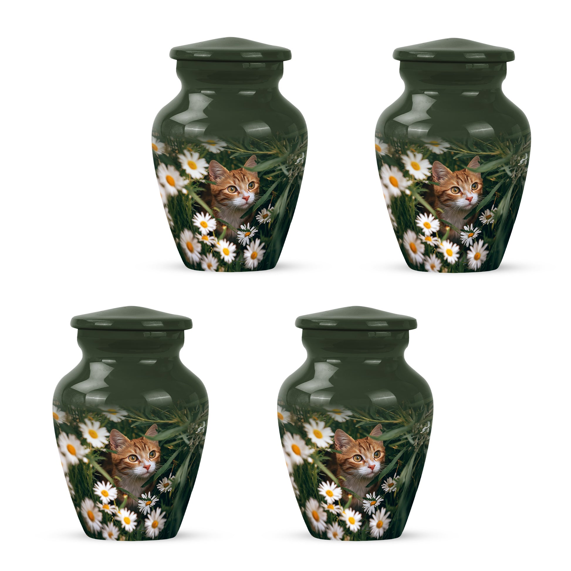 Jade Green Daisy Cremation Urn side profile showing urn shape - classic sculpted daisy pattern on smooth aluminum - 10 inch aluminum urn for cremated remains
