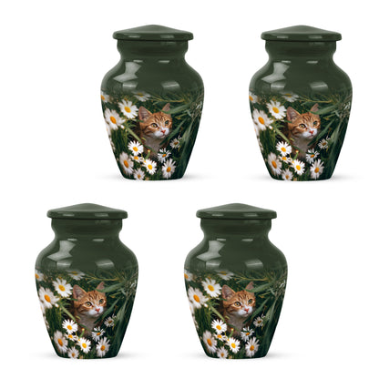 Jade Green Daisy Cremation Urn side profile showing urn shape - classic sculpted daisy pattern on smooth aluminum - 10 inch aluminum urn for cremated remains