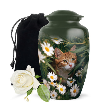 Mint Green Daisy Cremation Urn angled view of lid and engraved motif - traditional daisy engraving with hand-polished finish - full-size 10 inch 200 cubic inch adult cremation urn