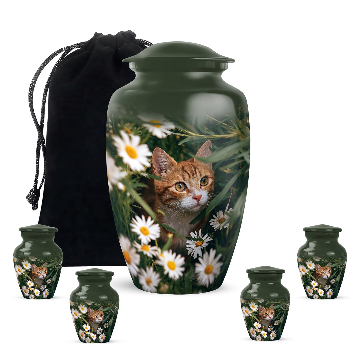 Pine Green Daisy Cremation Urn top-down view of secure threaded lid - traditional daisy engraving with hand-polished finish - memorial set with one large and four small urns