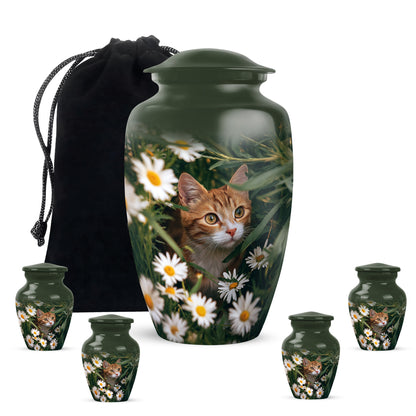 Pine Green Daisy Cremation Urn top-down view of secure threaded lid - traditional daisy engraving with hand-polished finish - memorial set with one large and four small urns