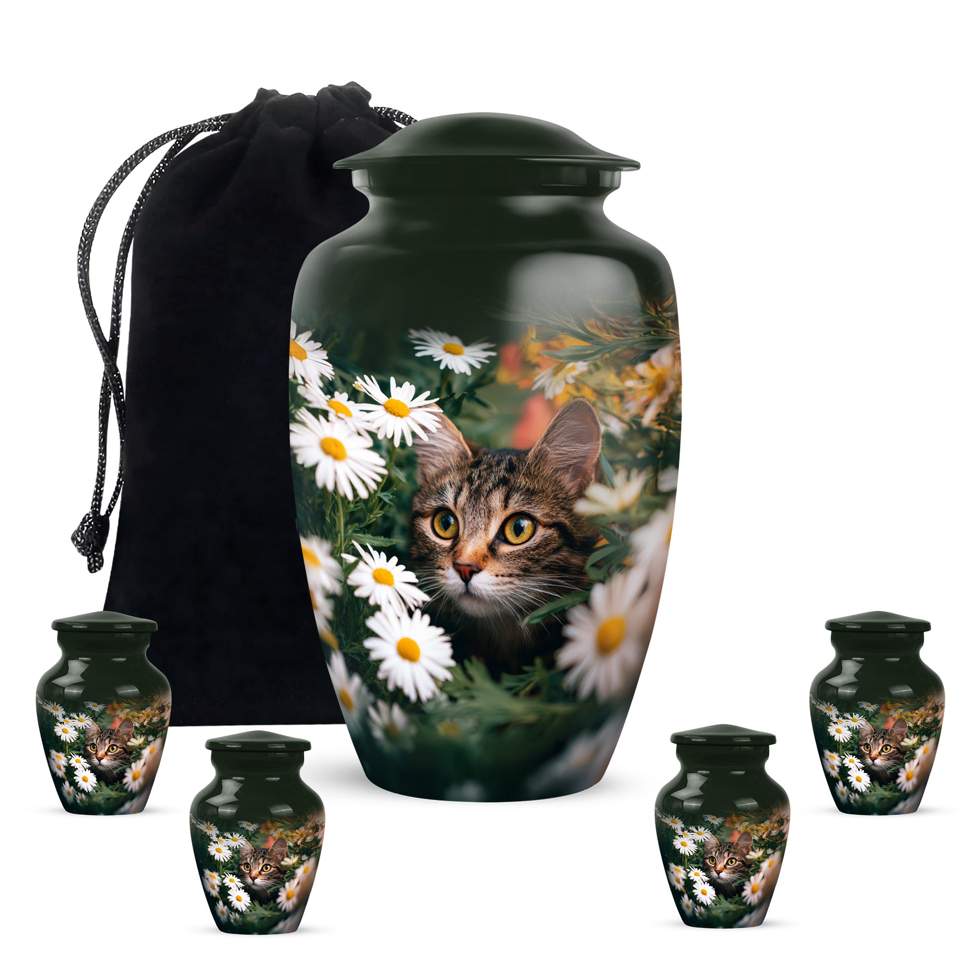 Forest Green Daisy Cremation Urn top-down view of secure threaded lid - elegant classic daisy relief with fine detailing - memorial set with one large and four small urns