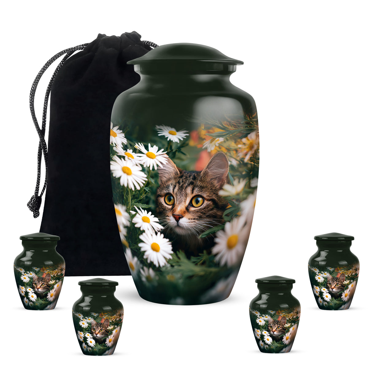 Forest Green Daisy Cremation Urn top-down view of secure threaded lid - elegant classic daisy relief with fine detailing - memorial set with one large and four small urns