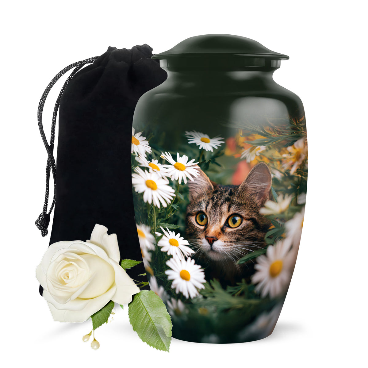 Moss Green Daisy Cremation Urn angled view of lid and engraved motif - classic sculpted daisy pattern on smooth aluminum - full-size 10 inch 200 cubic inch adult cremation urn