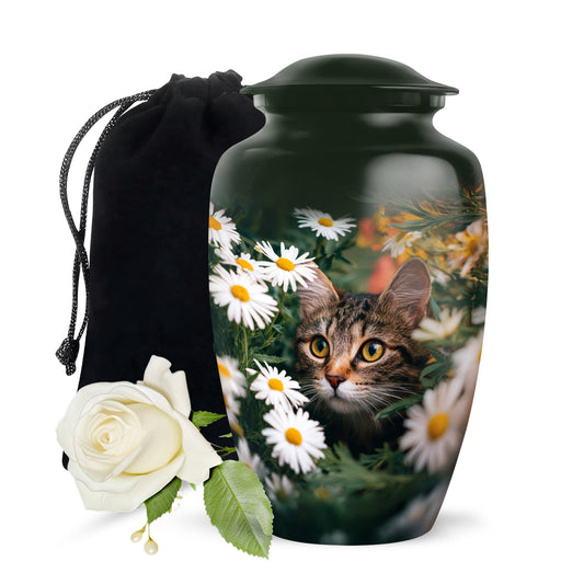 Moss Green Daisy Cremation Urn angled view of lid and engraved motif - classic sculpted daisy pattern on smooth aluminum - full-size 10 inch 200 cubic inch adult cremation urn