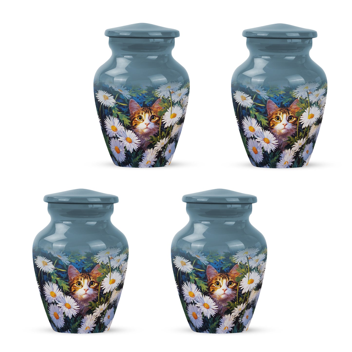 Slate Blue Daisy Cremation Urn side profile showing urn shape - classic sculpted daisy pattern on smooth aluminum - 10 inch aluminum urn for cremated remains