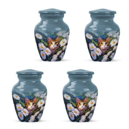 Slate Blue Daisy Cremation Urn side profile showing urn shape - classic sculpted daisy pattern on smooth aluminum - 10 inch aluminum urn for cremated remains