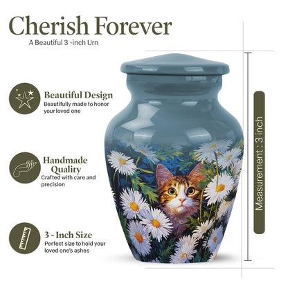 Cobalt Blue Daisy Cremation Urn close-up of engraving and surface detail - elegant classic daisy relief with fine detailing - mini keepsake memorial for portion of cremation ashes
