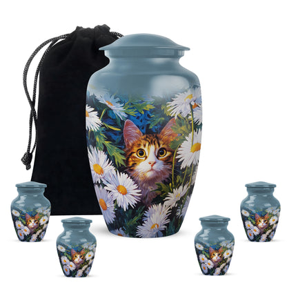 Indigo Daisy Cremation Urn top-down view of secure threaded lid - classic sculpted daisy pattern on smooth aluminum - memorial set with one large and four small urns