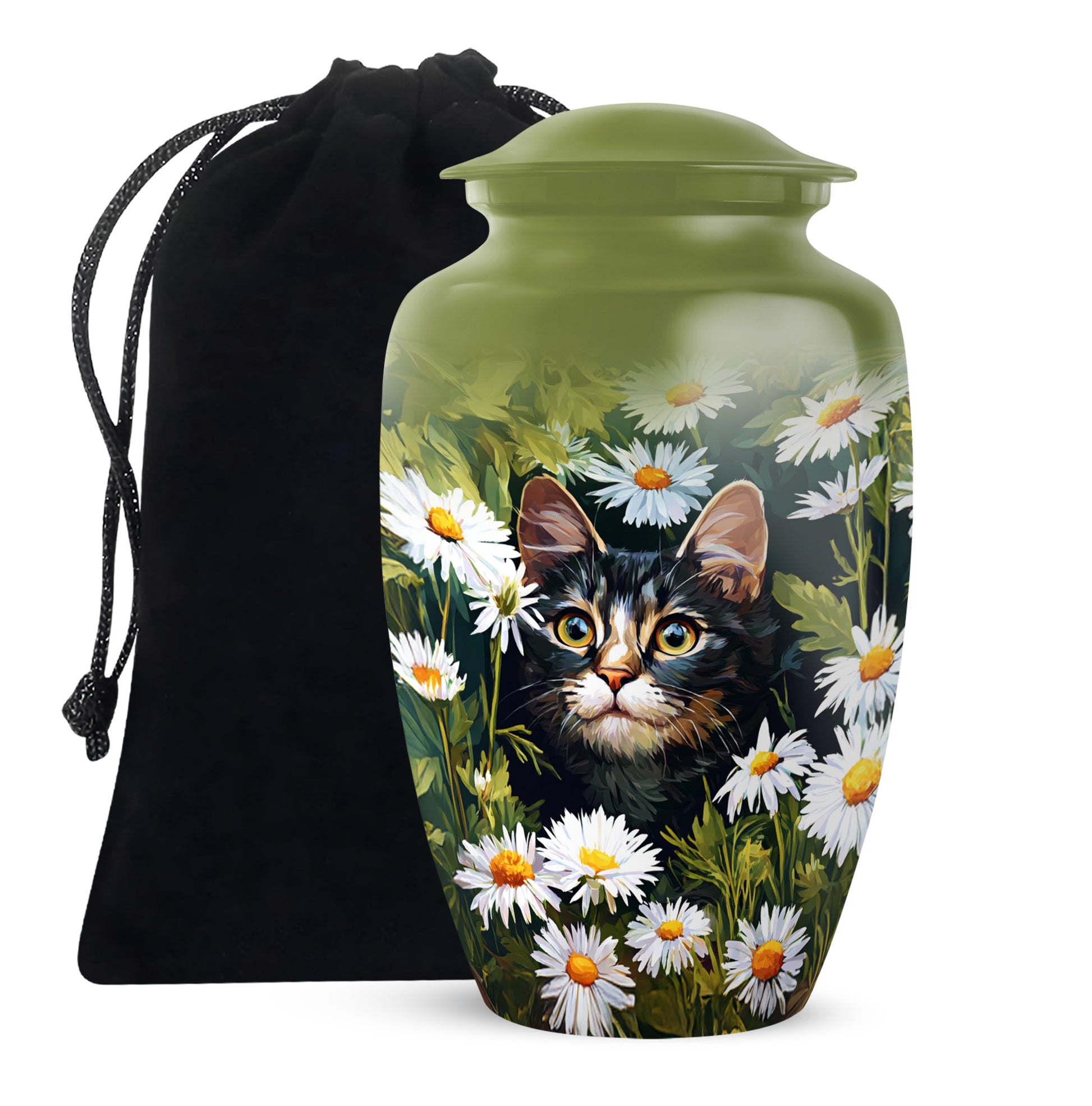 Marigold Yellow Daisy Cremation Urn angled view of lid and engraved motif - traditional daisy engraving with hand-polished finish - full-size 10 inch 200 cubic inch adult cremation urn