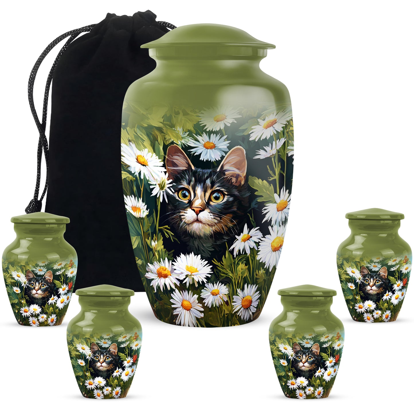 Warm Yellow Daisy Cremation Urn top-down view of secure threaded lid - timeless daisy motif etched into premium metal - memorial set with one large and four small urns