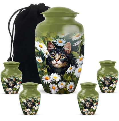 Warm Yellow Daisy Cremation Urn top-down view of secure threaded lid - timeless daisy motif etched into premium metal - memorial set with one large and four small urns