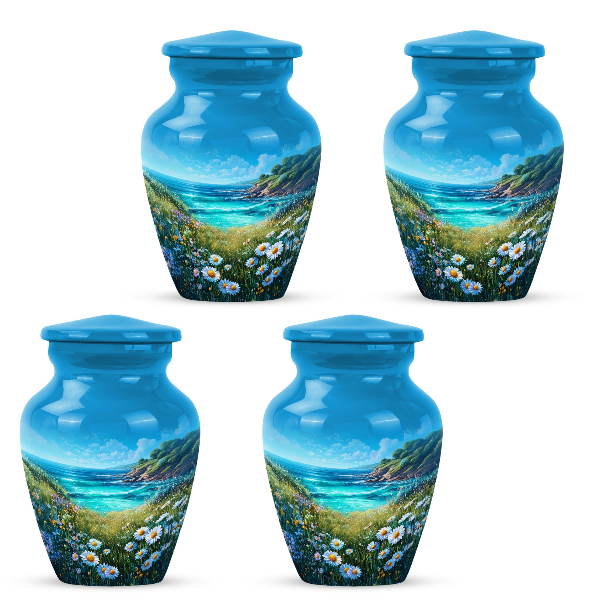 Serene Blue Daisy Cremation Urn side profile showing urn shape - traditional daisy engraving with hand-polished finish - 10 inch aluminum urn for cremated remains