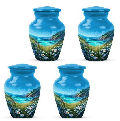 Serene Blue Daisy Cremation Urn side profile showing urn shape - traditional daisy engraving with hand-polished finish - 10 inch aluminum urn for cremated remains