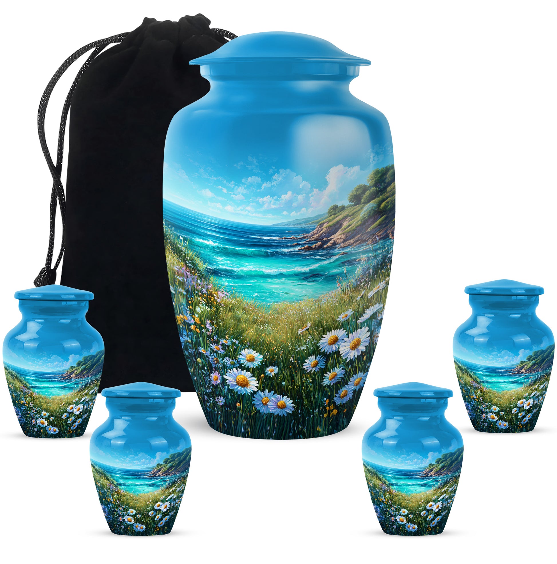 Sapphire Blue Daisy Cremation Urn top-down view of secure threaded lid - traditional daisy engraving with hand-polished finish - memorial set with one large and four small urns