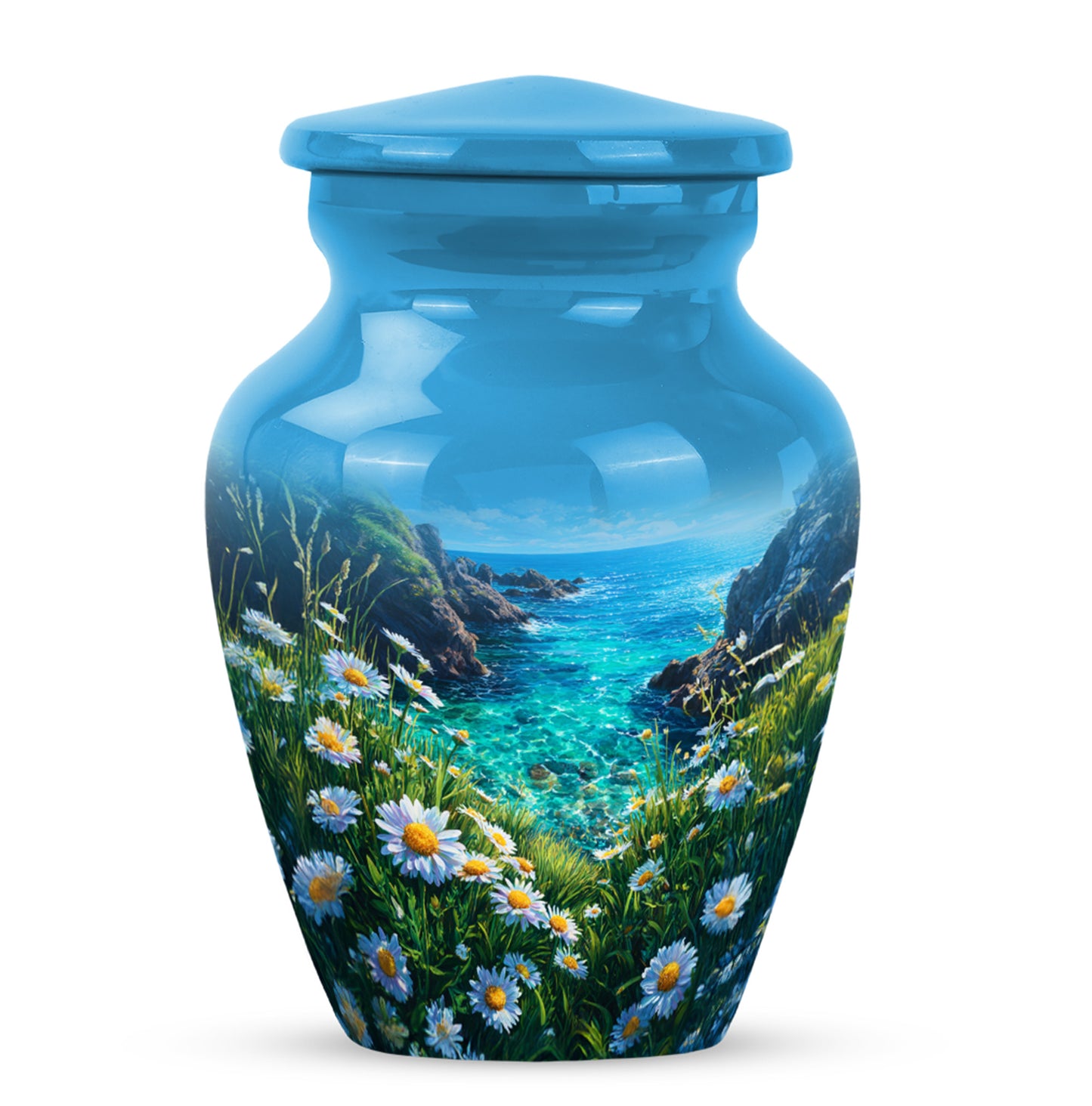 Timeless Blue Daisy Cremation Urn for Ashes - 10-inch, 200 cu in - Yatskia