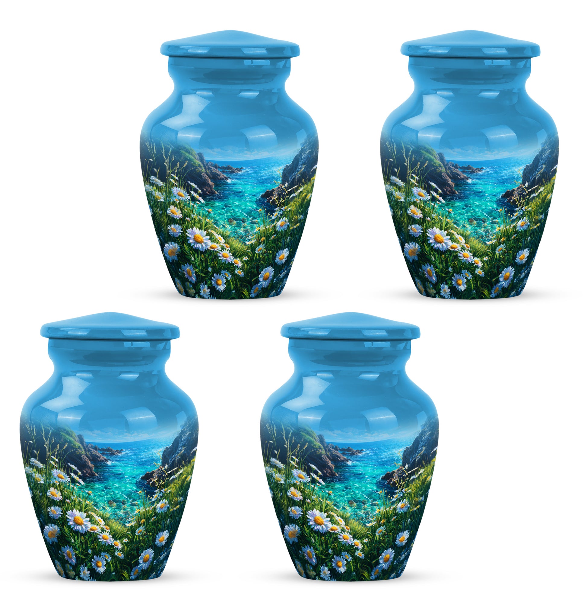 Slate Blue Daisy Cremation Urn side profile showing urn shape - timeless daisy motif etched into premium metal - 10 inch aluminum urn for cremated remains