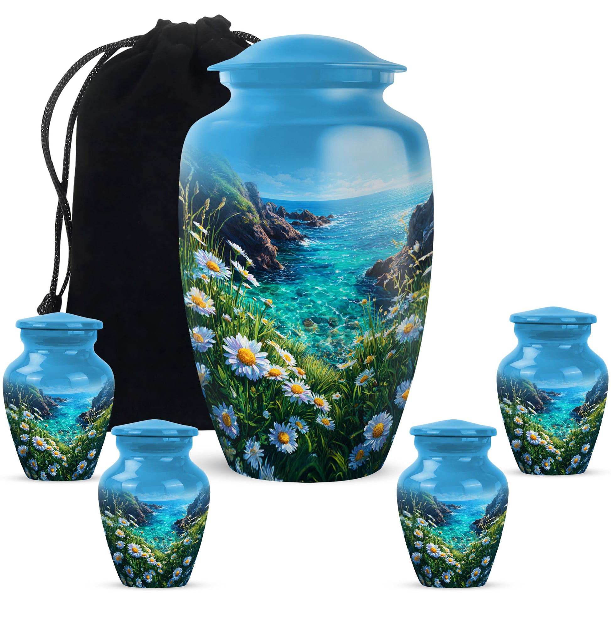 Azure Daisy Cremation Urn top-down view of secure threaded lid - classic sculpted daisy pattern on smooth aluminum - memorial set with one large and four small urns