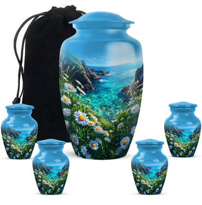 Azure Daisy Cremation Urn top-down view of secure threaded lid - classic sculpted daisy pattern on smooth aluminum - memorial set with one large and four small urns