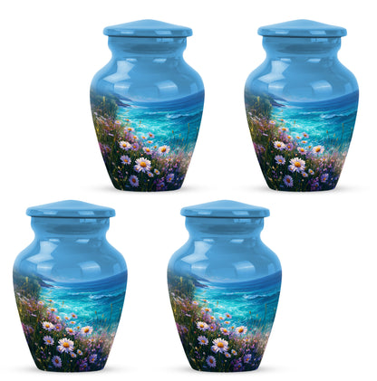 Cobalt Blue Daisy Cremation Urn side profile showing urn shape - traditional daisy engraving with hand-polished finish - 10 inch aluminum urn for cremated remains