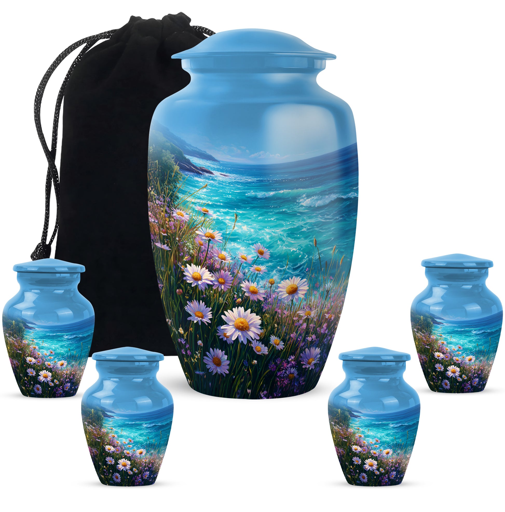 Pastel Blue Daisy Cremation Urn top-down view of secure threaded lid - timeless daisy motif etched into premium metal - memorial set with one large and four small urns