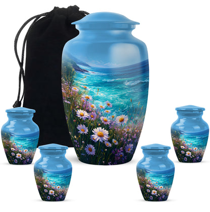 Pastel Blue Daisy Cremation Urn top-down view of secure threaded lid - timeless daisy motif etched into premium metal - memorial set with one large and four small urns