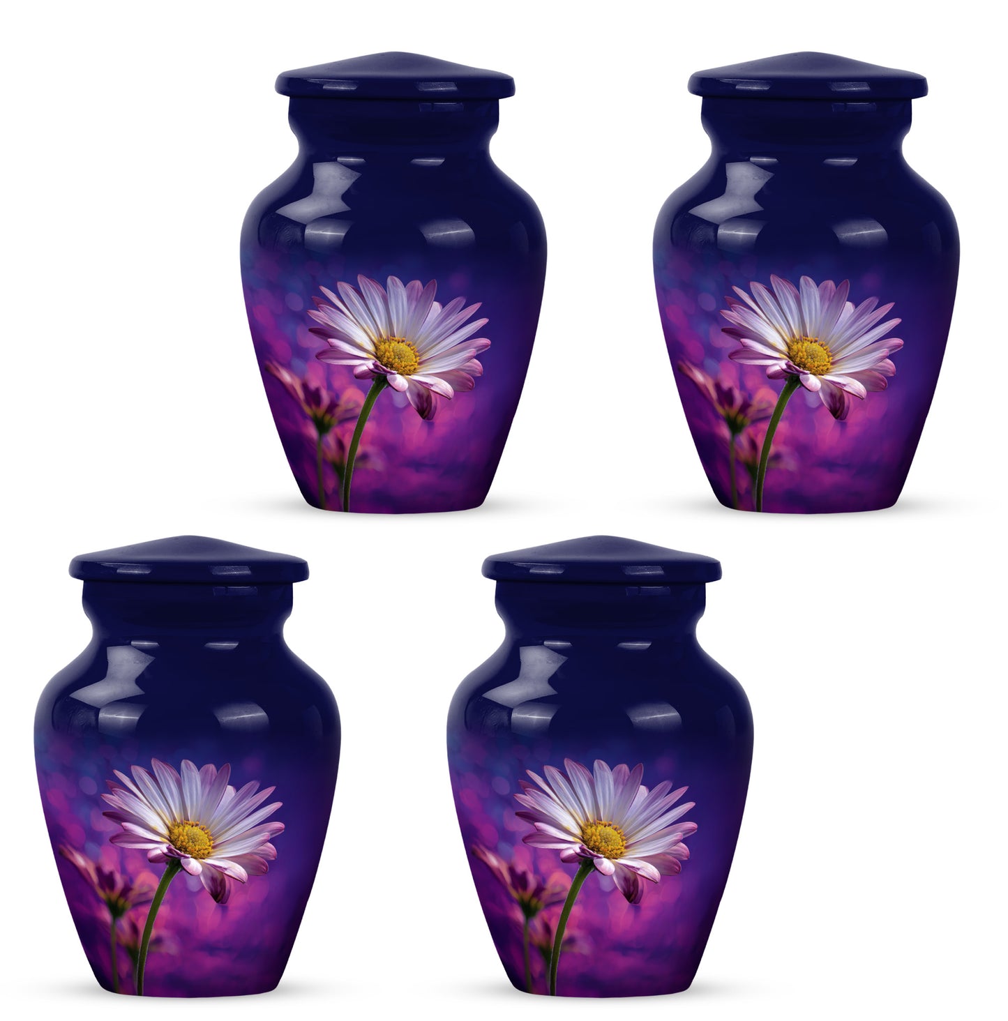 Vivid Blue Daisy Cremation Urn side profile showing urn shape - elegant classic daisy relief with fine detailing - 10 inch aluminum urn for cremated remains