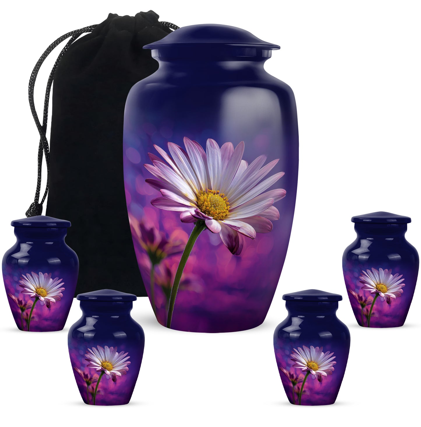 Serene Blue Daisy Cremation Urn top-down view of secure threaded lid - traditional daisy engraving with hand-polished finish - memorial set with one large and four small urns