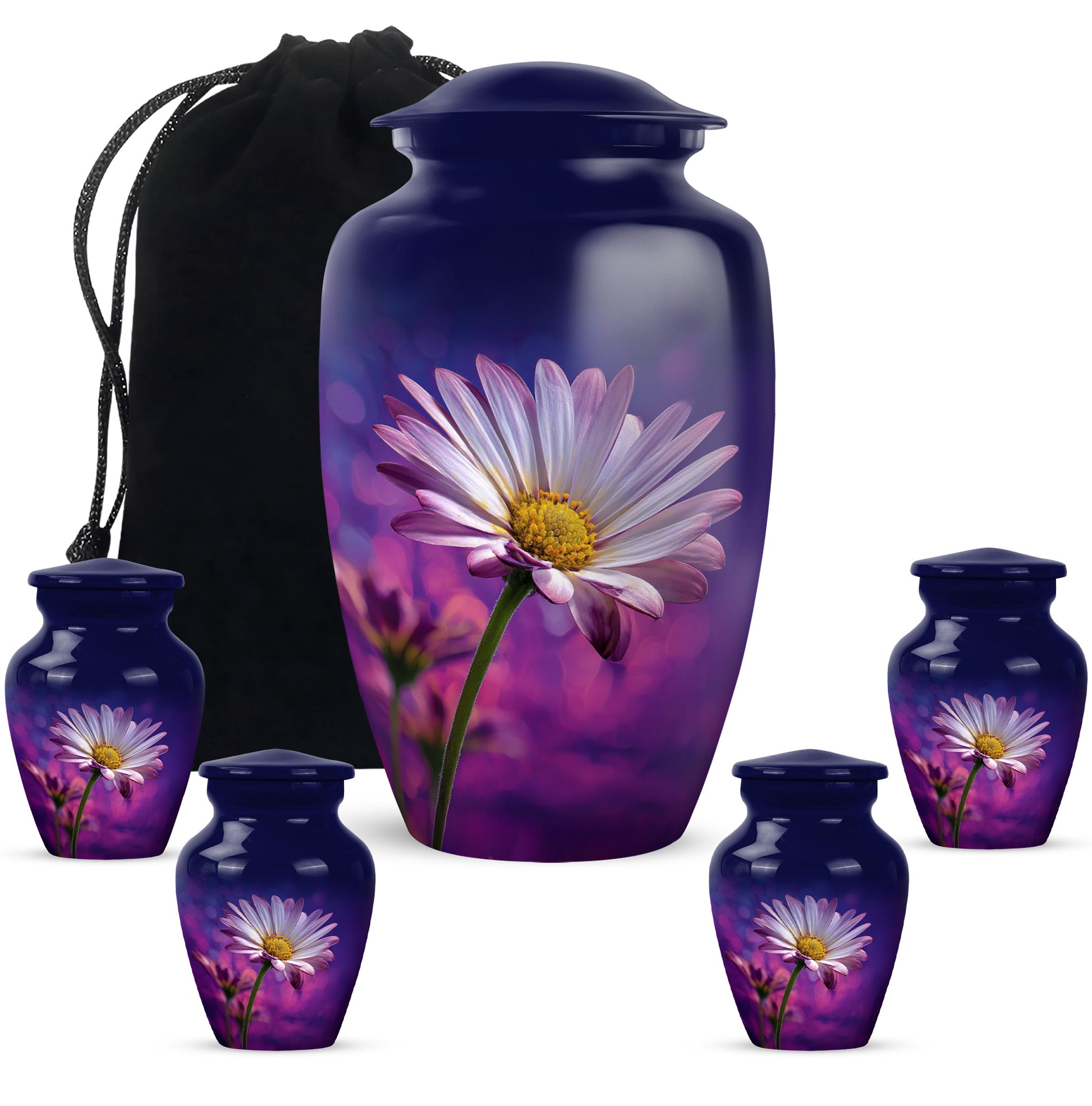 Serene Blue Daisy Cremation Urn top-down view of secure threaded lid - traditional daisy engraving with hand-polished finish - memorial set with one large and four small urns
