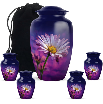 Serene Blue Daisy Cremation Urn top-down view of secure threaded lid - traditional daisy engraving with hand-polished finish - memorial set with one large and four small urns