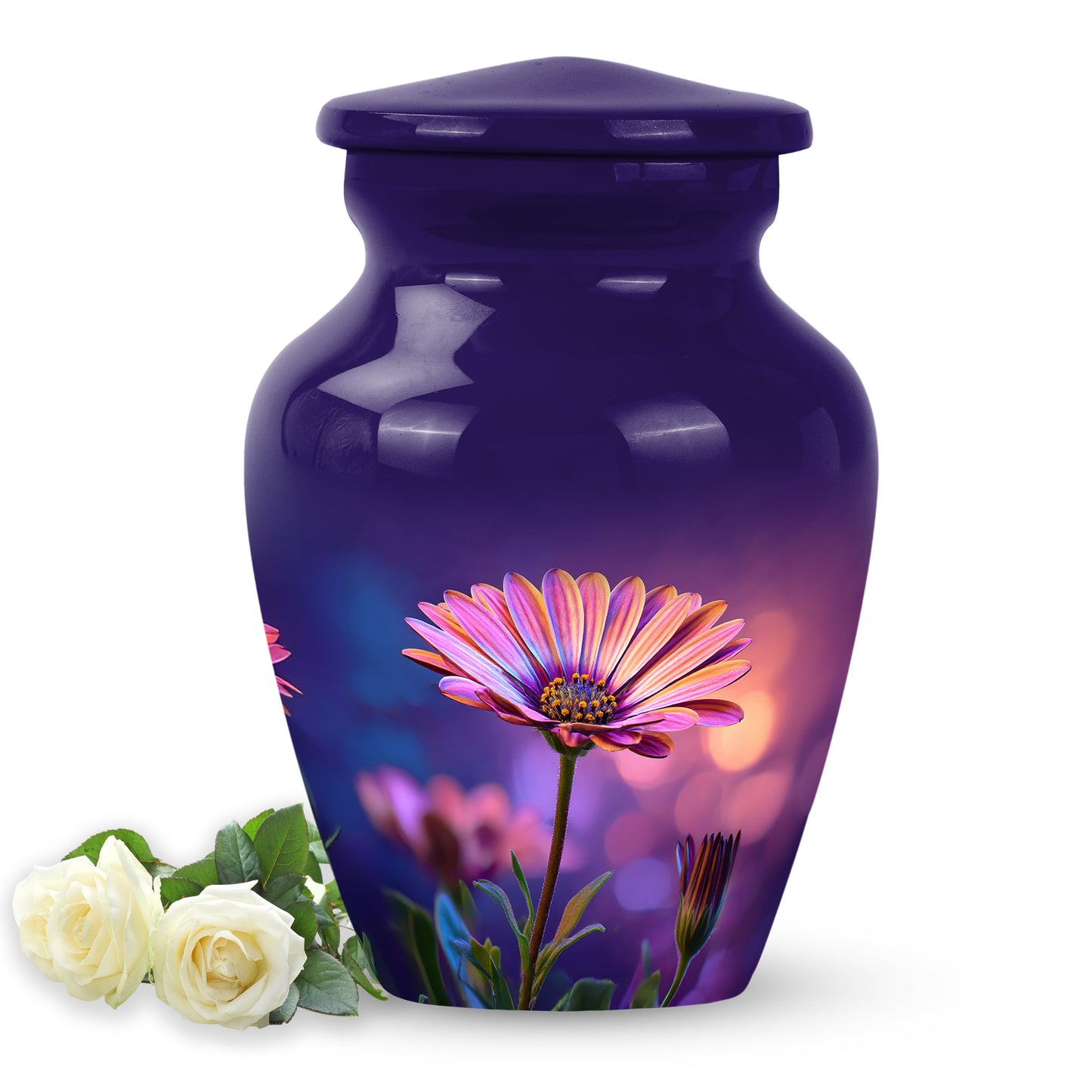 Distinguished Blue Daisy Cremation Urn for Ashes - 10-inch, 200 cu in - Yatskia