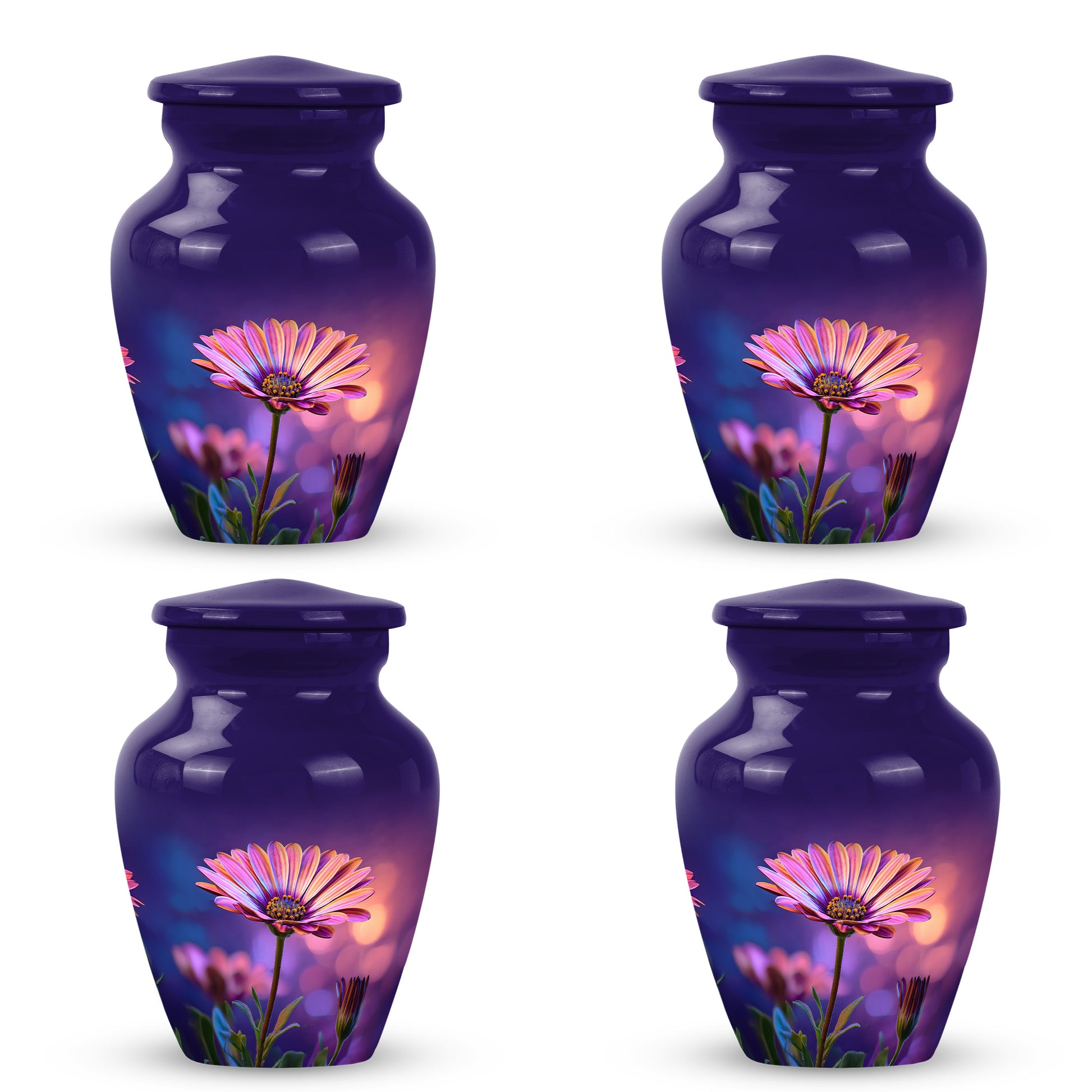 Soft Blue Daisy Cremation Urn side profile showing urn shape - traditional daisy engraving with hand-polished finish - 10 inch aluminum urn for cremated remains