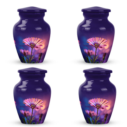Soft Blue Daisy Cremation Urn side profile showing urn shape - traditional daisy engraving with hand-polished finish - 10 inch aluminum urn for cremated remains