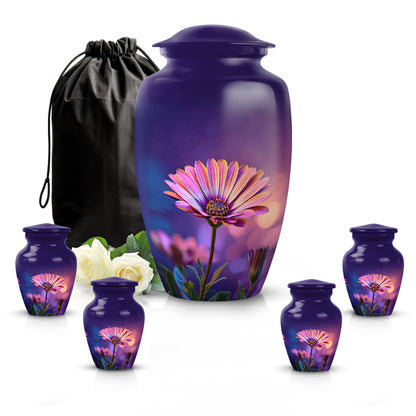 Vivid Blue Daisy Cremation Urn top-down view of secure threaded lid - elegant classic daisy relief with fine detailing - memorial set with one large and four small urns