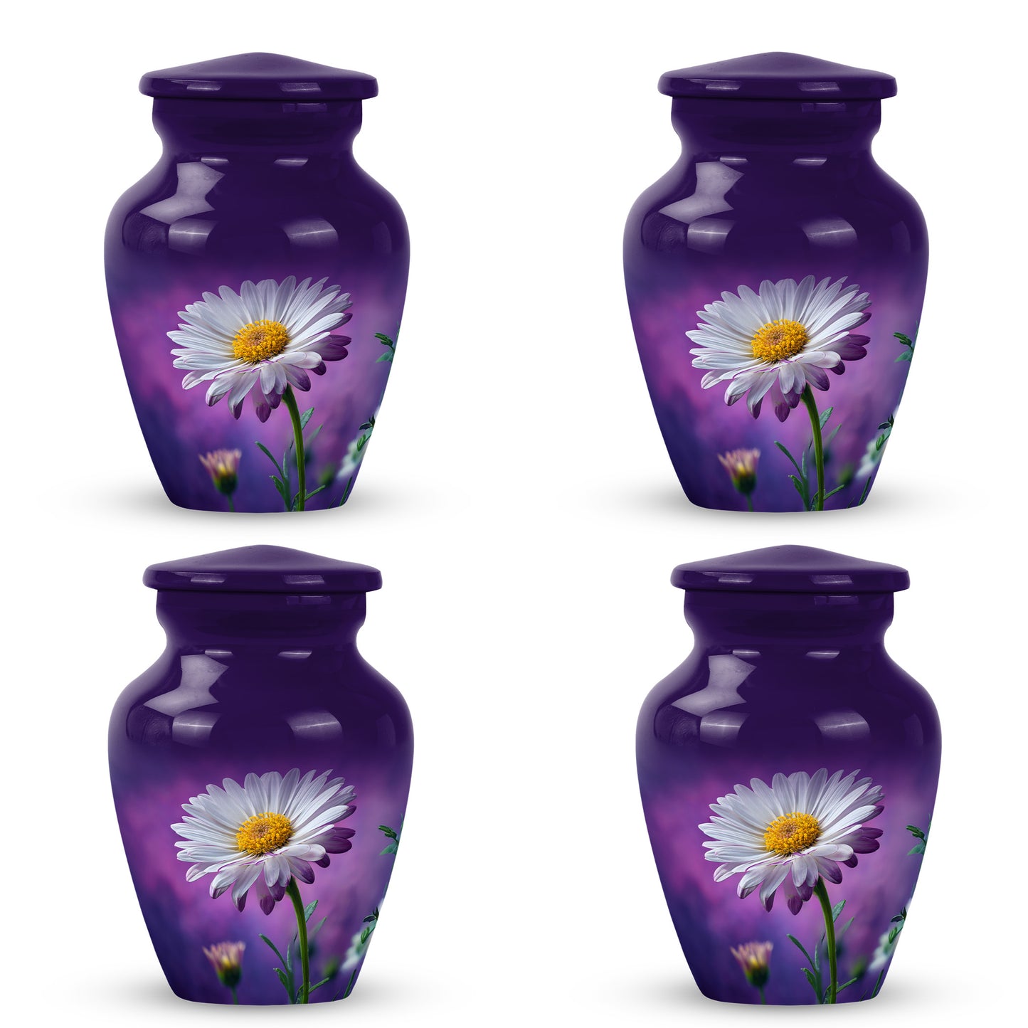 Lavender Purple Daisy Cremation Urn side profile showing urn shape - elegant classic daisy relief with fine detailing - 10 inch aluminum urn for cremated remains