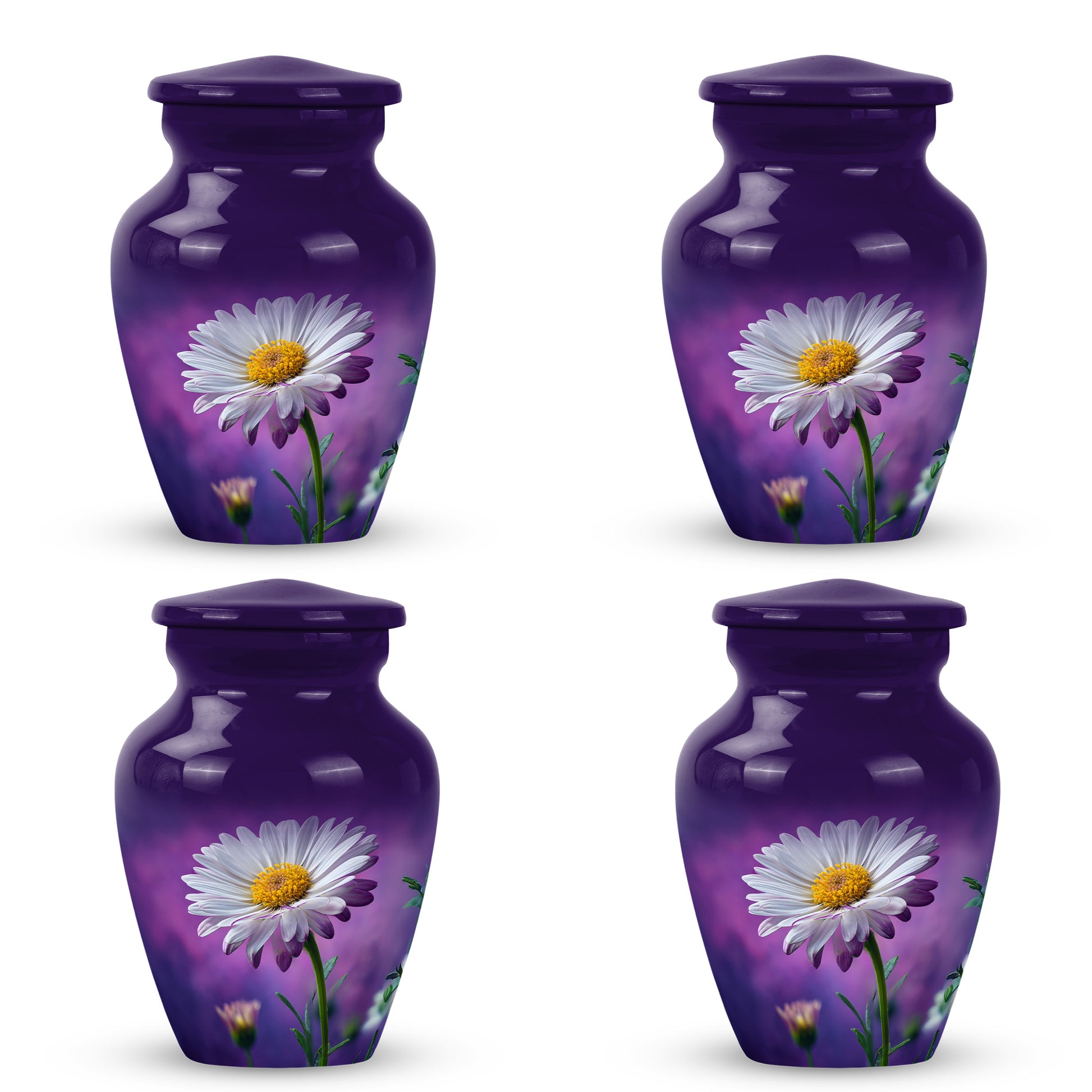 Lavender Purple Daisy Cremation Urn side profile showing urn shape - elegant classic daisy relief with fine detailing - 10 inch aluminum urn for cremated remains