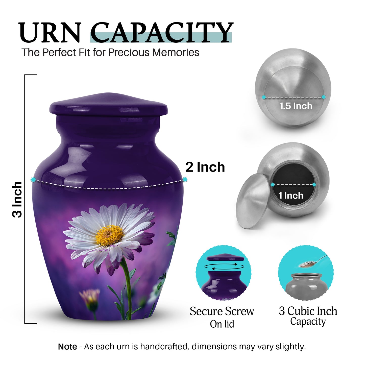 Orchid Purple Daisy Cremation Urn close-up of engraving and surface detail - timeless daisy motif etched into premium metal - mini keepsake memorial for portion of cremation ashes