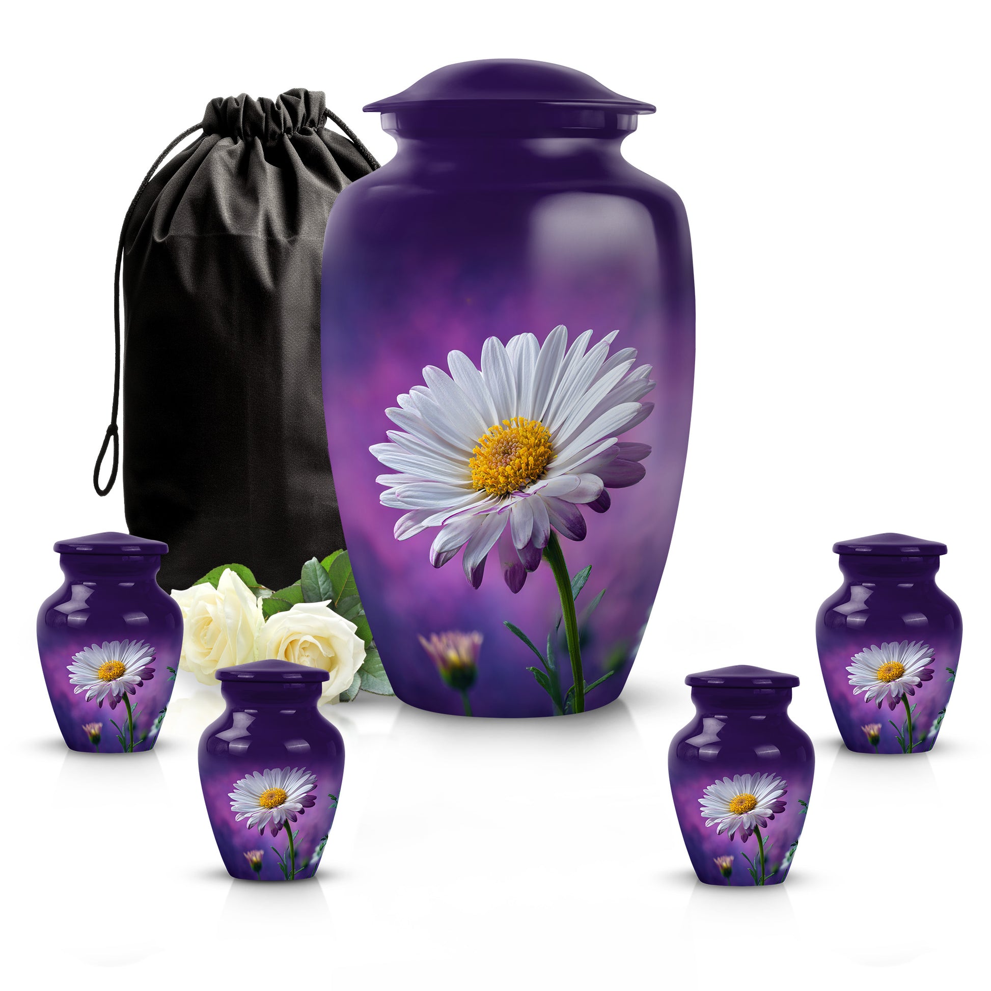 Majestic Purple Daisy Cremation Urn top-down view of secure threaded lid - timeless daisy motif etched into premium metal - memorial set with one large and four small urns