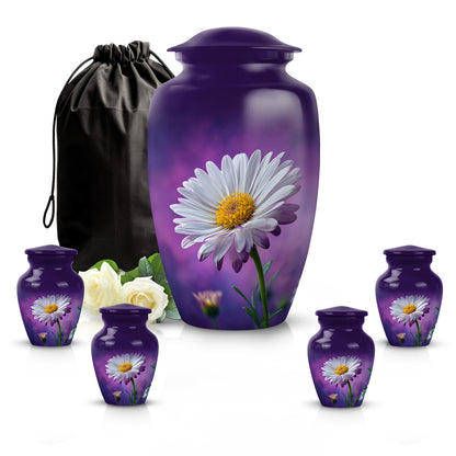 Majestic Purple Daisy Cremation Urn top-down view of secure threaded lid - timeless daisy motif etched into premium metal - memorial set with one large and four small urns
